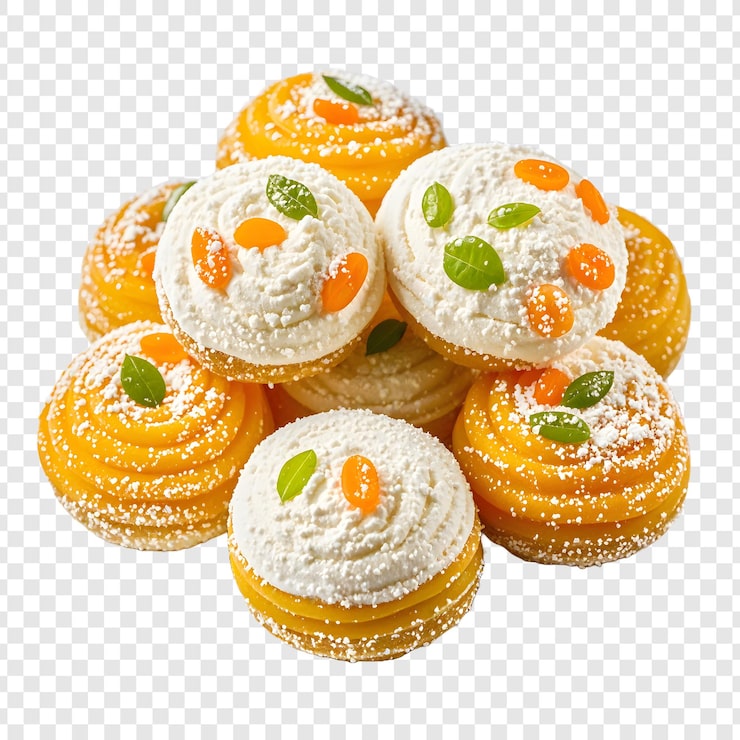 PSD üzerinde portakal ve krema bulunan bir sürü cupcake