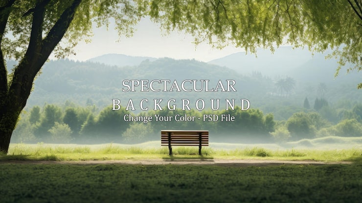 PSD 公园里的木凳，清晨有绿树和阳光