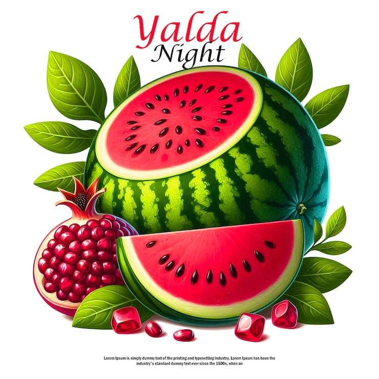 PSD yalda natts bakgrundsdesign med vattenmelon och granatäpple