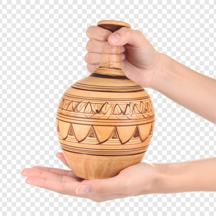 PSD yontulmuş ahşap saksı, ellerde tutulan izole arka plan
