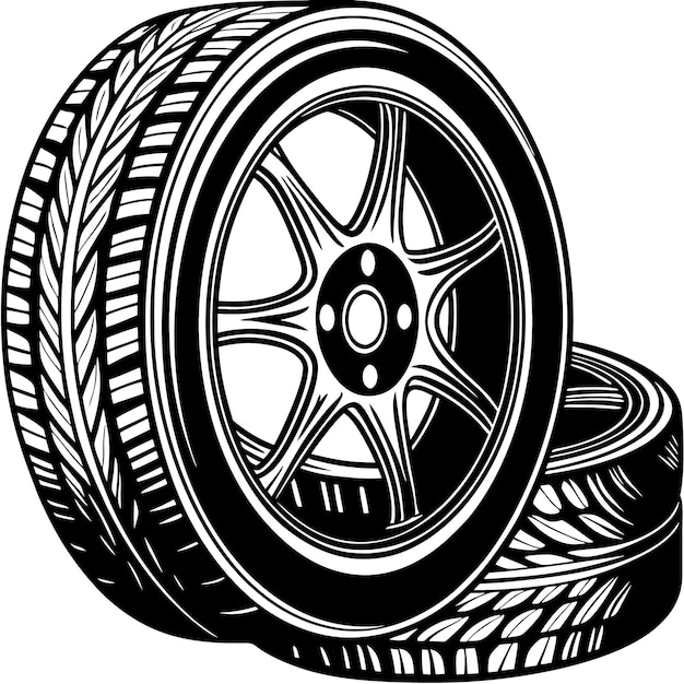 Car Tire and Rim Illustration in Black and White
