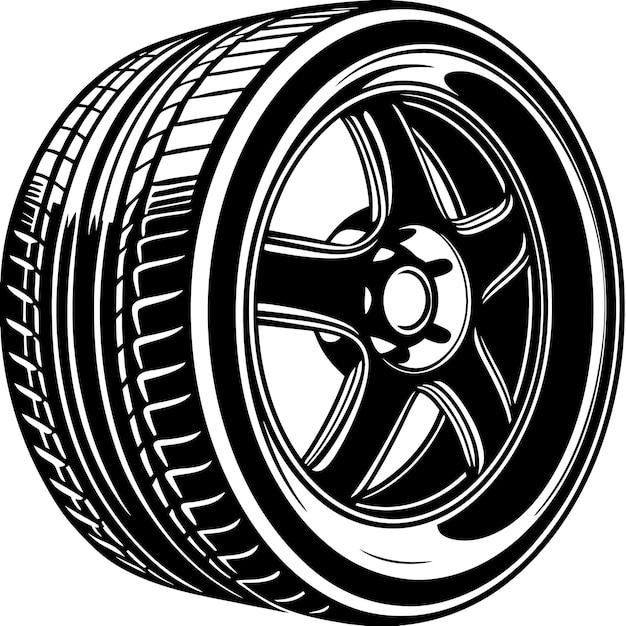 Car Tire and Rim Illustration in Black and White