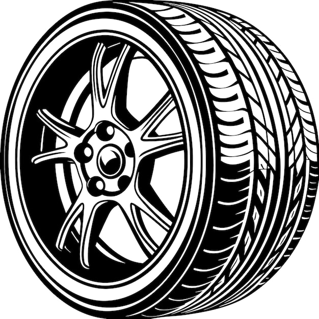 Car Tire and Rim Illustration in Black and White