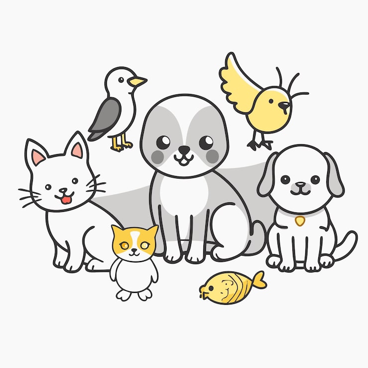 Vector 고양이, 개, 새, 물고기 등 귀여운 만화 동물들이 모두 미소 짓고 있습니다.