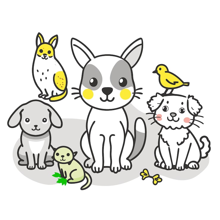 Vector 고양이, 개, 새 의 귀여운 만화 일러스트레이션
