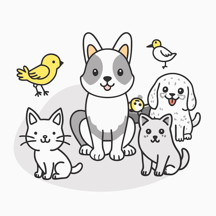 Vector 개, 고양이, 새, 강아지의 귀여운 만화