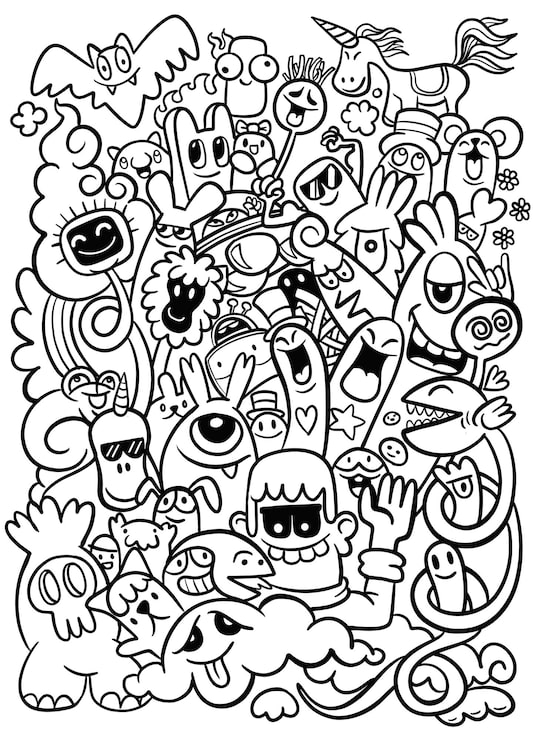 Een grillige menagerie van zwart-witte cartoonpersonages