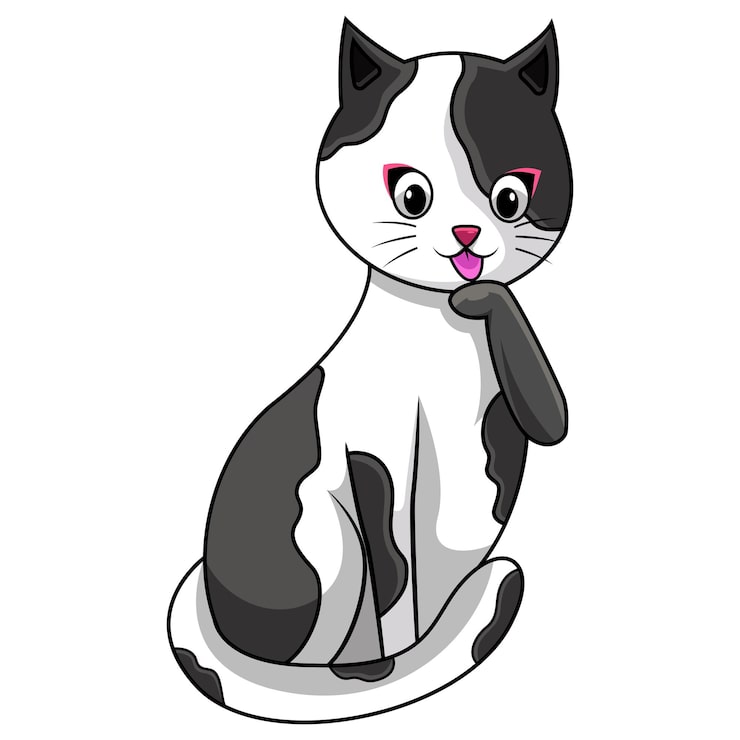 Vector een zwart-witte kat met een roze neus zit op een witte achtergrond.