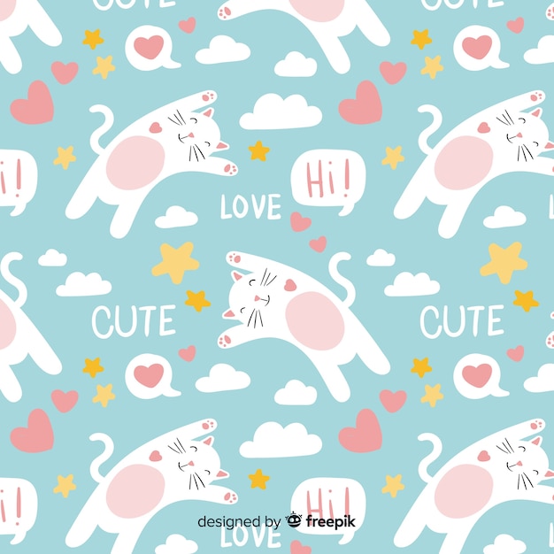 Hand drawn cats and words pattern