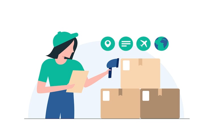 Vector illustratie van een opslagmedewerker die dozen labelt