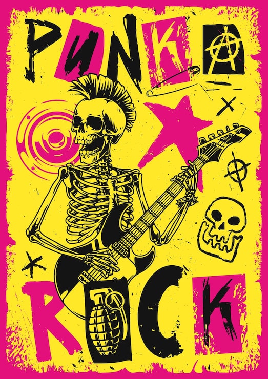 Vector kleurrijk punkrock skelet dat gitaar speelt kunstwerk