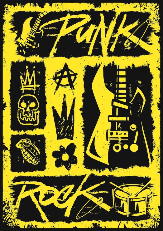 Vector punk rock art met iconische symbolen en kleuren