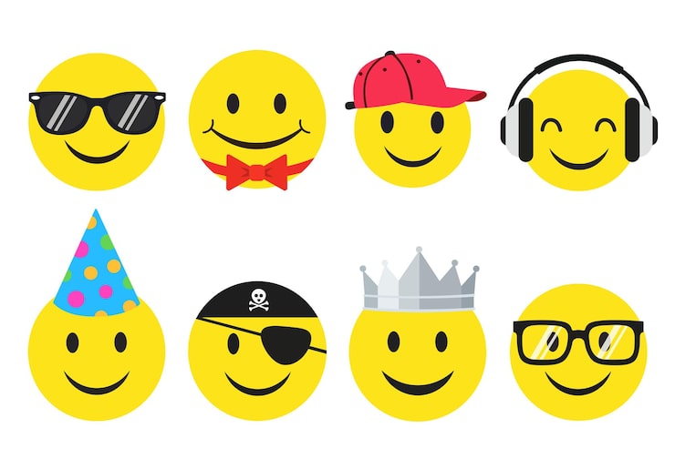 Smiley-emoji set met verschillende accessoires voor social media communicatieconcept