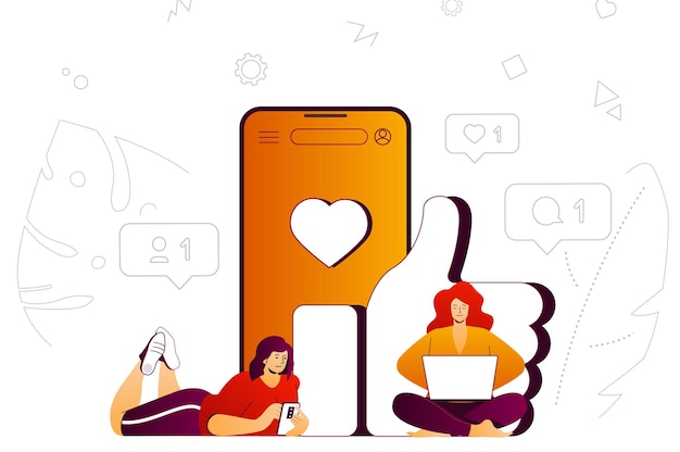 social network web concept women chatting likes share and comment on posts