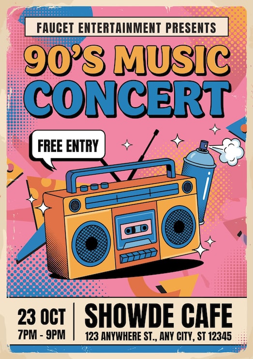 Vektor 90'er musikkoncert gratis adgang retro flyer