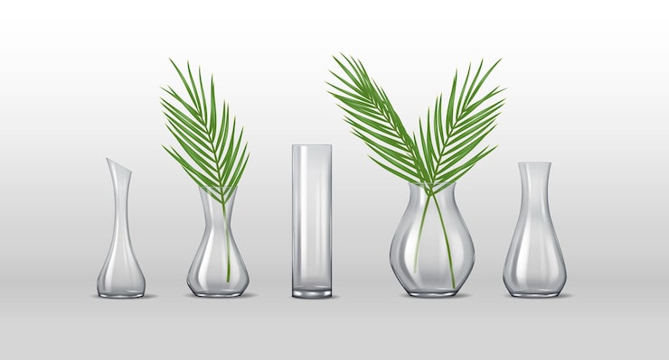 Vektor elegante transparente glasvaser med palmegrene