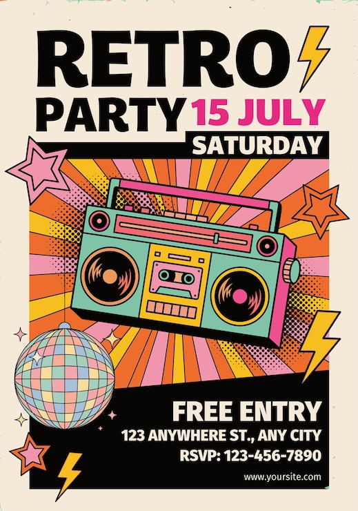Vektor farverig retrofest-flyer med boombox og diskokugle