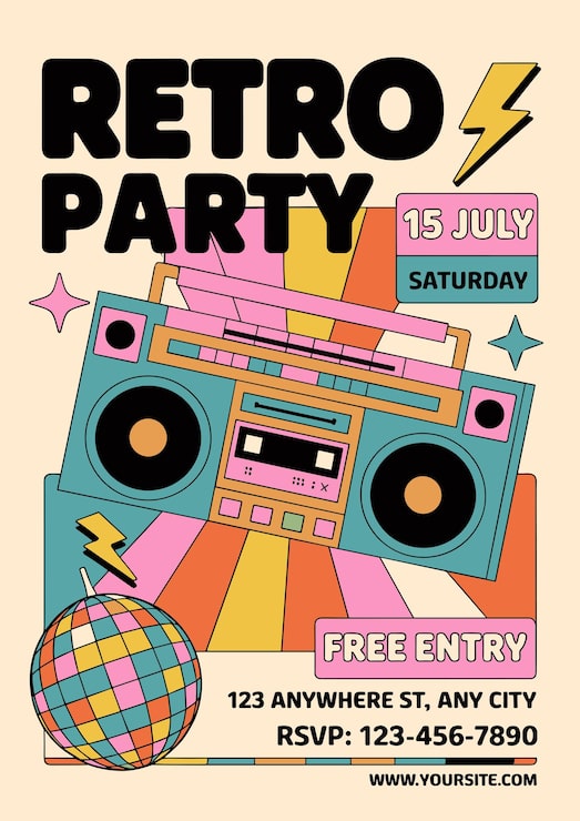 Vektor farverig retrofest-invitation med 80'er boombox og diskokugle