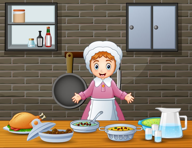 Vektör mutfakta yemek pişiren ve hazırlayan sevimli neşeli kadın
