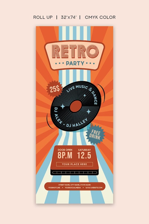 Vektor retro party rollup flyer skabelon