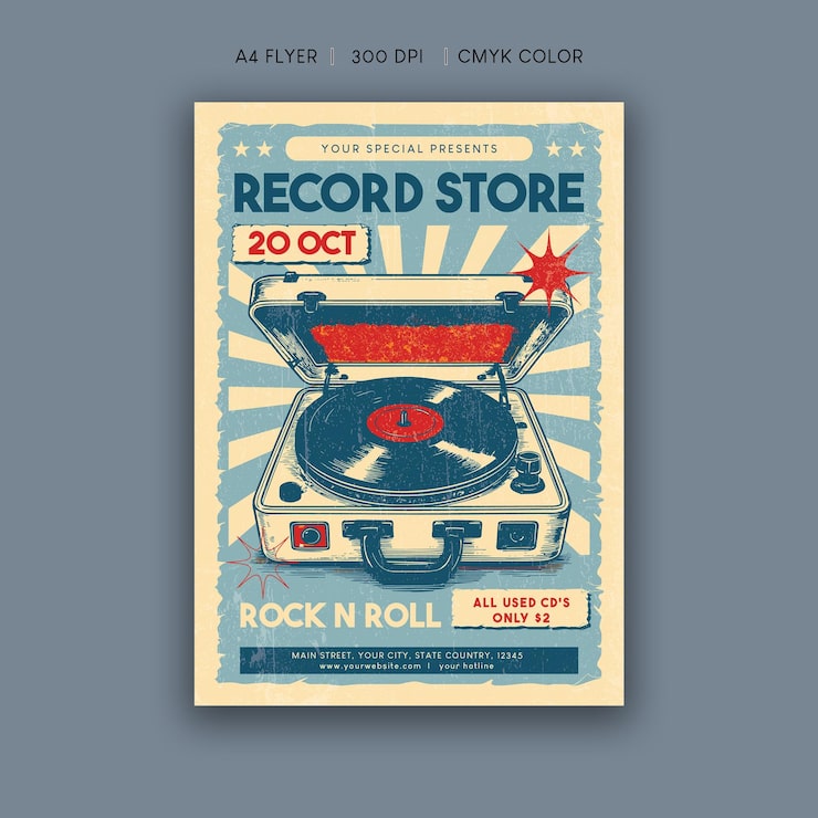 Vektor retro pladebutik eller butiks flyer