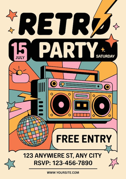 Vektor retrofest-flyer med boombox og diskokugle