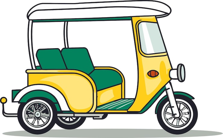 Vektör sarı üstü ve yeşil şeritli bir scooter çizimi.