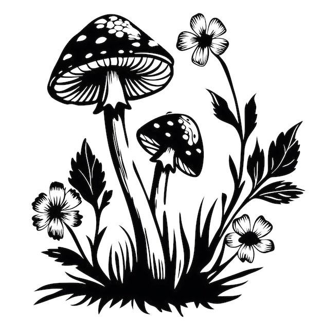 Svampe med vilde blomster illustration i sort og hvid