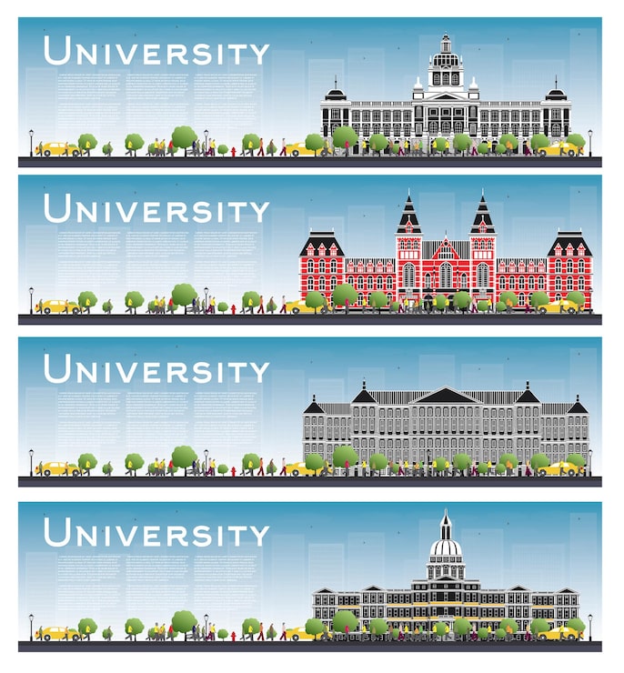 Vektor uppsättning av university campus study banners. illustration. studenter går till universitetets huvudbyggnad