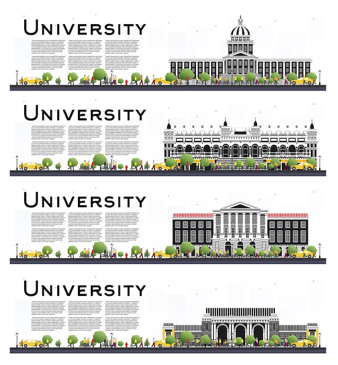 Vektor uppsättning av university campus study banners isolerade på vitt. illustration. studenter går till universitetets huvudbyggnad