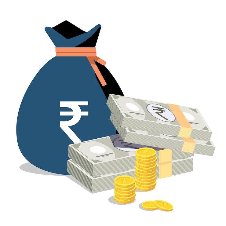 Vektor rupee pose rupee seddel og mynt som viser vekst