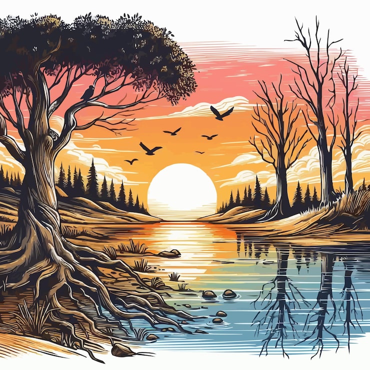 Vektori auringonlasku, jossa lintu lentää joen yllä