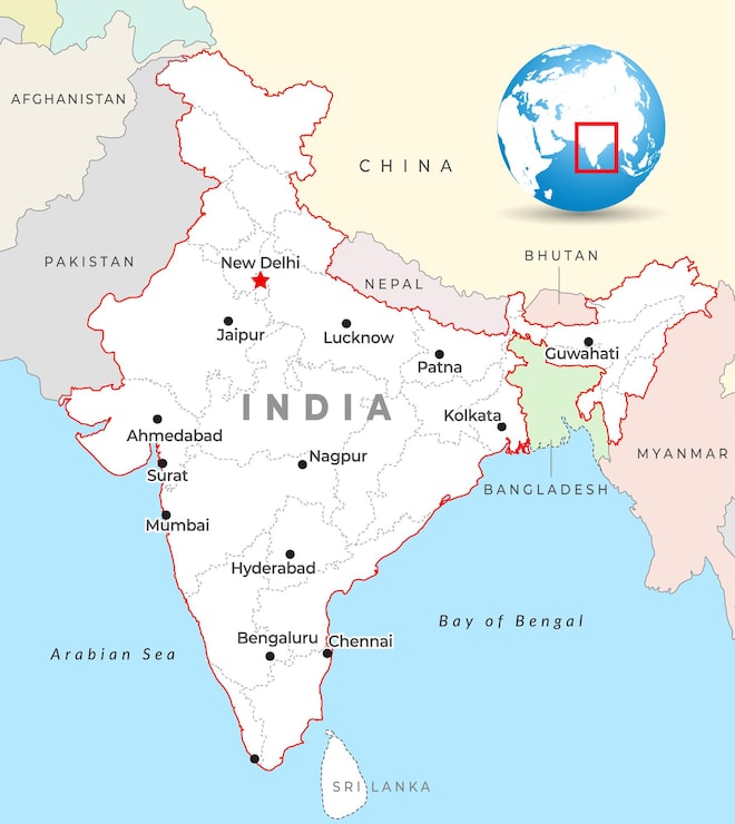 Vektori intian kartta pääkaupunki new delhi, tärkeimmät kaupungit ja valtion rajat