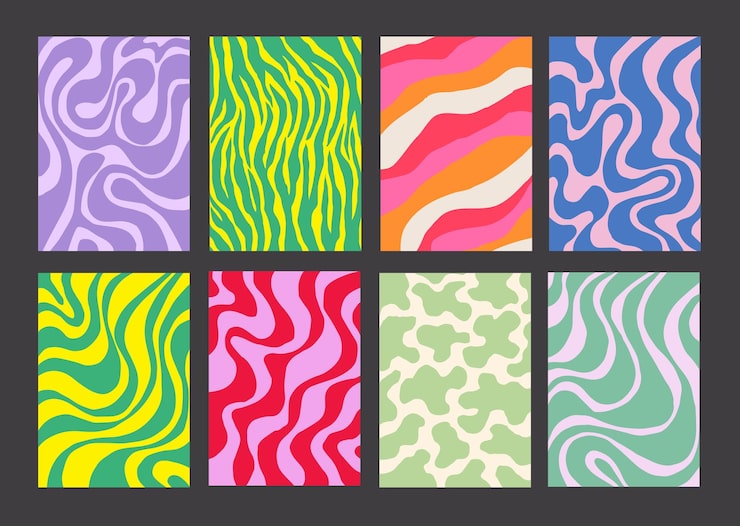 Vektori upea ja svengaava kuviollinen julistesarja, jossa y2k-aallotuksia, trendikkäitä abstrakteja geometrisia 90-luvun taustoja sekä funk-henkisiä retro vintage -taustoja