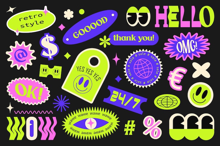 Vektori y2k trendikkäiden promo-etikettien, tarrojen ja leimojen kokoelma ostosten ja pakkausten alennuksiin