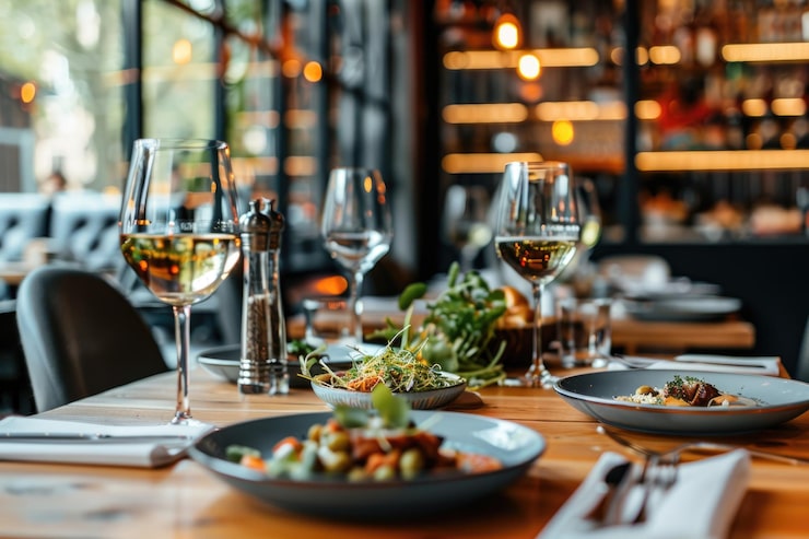 Zdjęcie eleganckie ustawienie stołu w restauracji z gastronomicznym jedzeniem i kieliszkami do wina w przytulnej atmosferze