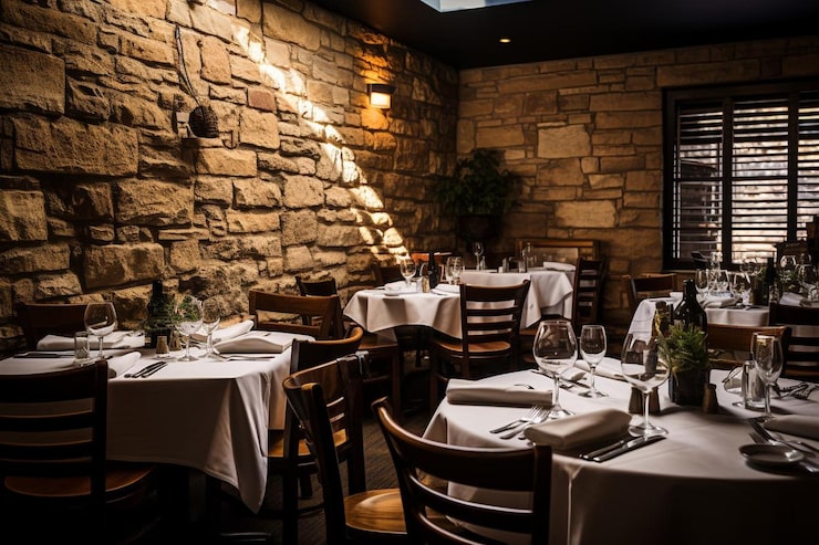 Zdjęcie restauracja z kamienną ścianą i stoły z białymi prześcieradłami i kamienną ścianą