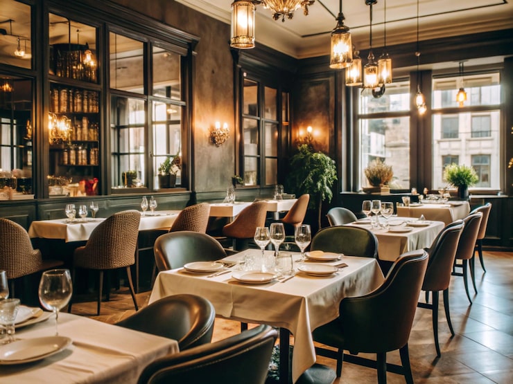 Zdjęcie restauracja z stołem i krzesłami i stołem z obrusem