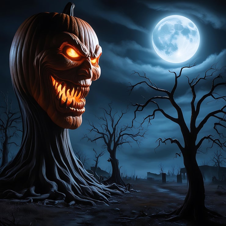 Zdjęcie w przerażającej scenie w świetle księżyca widać przerażającą głowę dyni z halloween