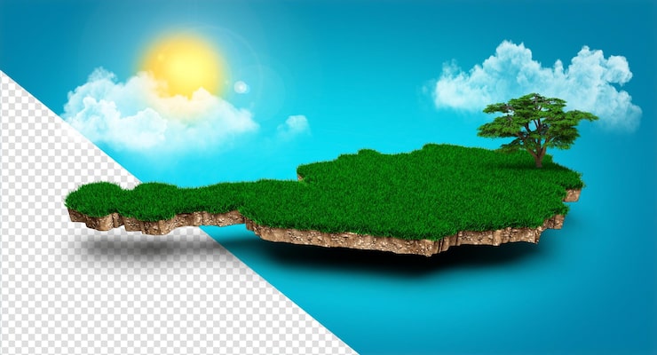 PSD bản đồ áo bản đồ 3d thực tế của áo mây cây tia nắng mặt trời trên bầu trời xanh tươi sáng minh họa 3d