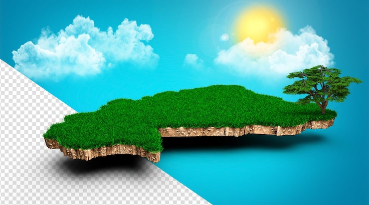PSD bản đồ burkina faso bản đồ 3d thực tế của mây, cây, tia nắng mặt trời trên nền trời xanh sáng 3d