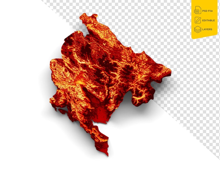 PSD bản đồ montenegro màu cờ bản đồ địa hình đổ bóng màu đỏ và cam trên nền trắng minh họa 3d