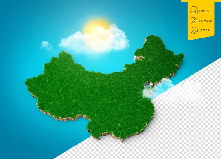 PSD bản đồ trung quốc đất đất địa chất mặt cắt ngang cỏ xanh và kết cấu mặt đất đá minh họa 3d