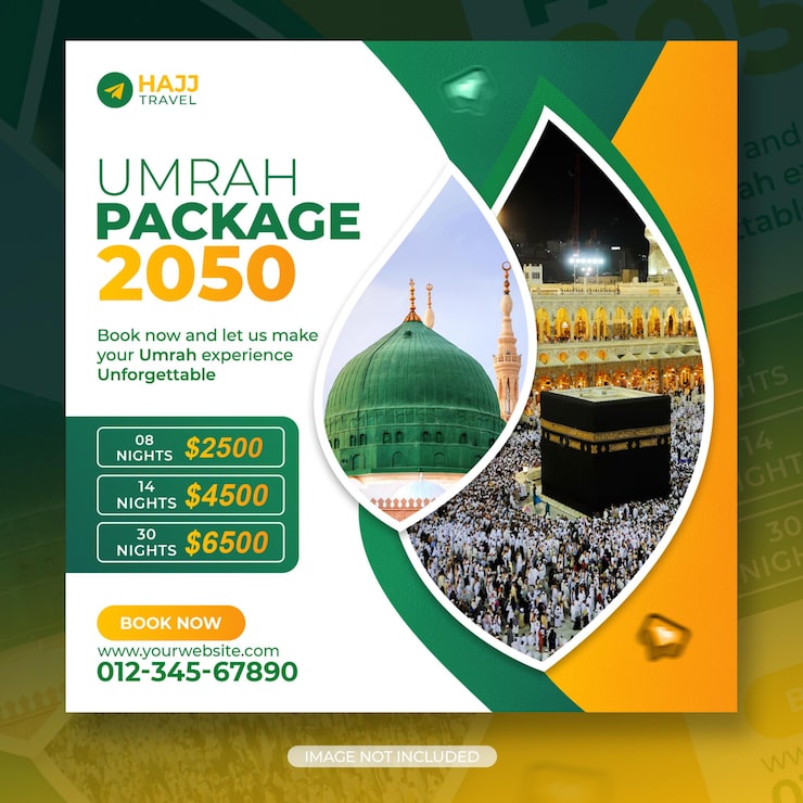 PSD các mẫu tờ rơi, banner, poster quảng cáo, phương tiện truyền thông xã hội cho gói hajj và umrah