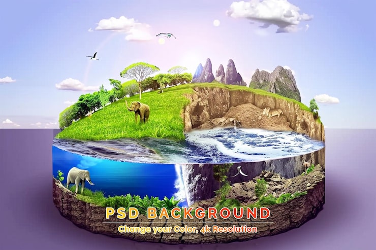 PSD mảnh đất rừng có cây cối, núi non, thác nước và cỏ xanh