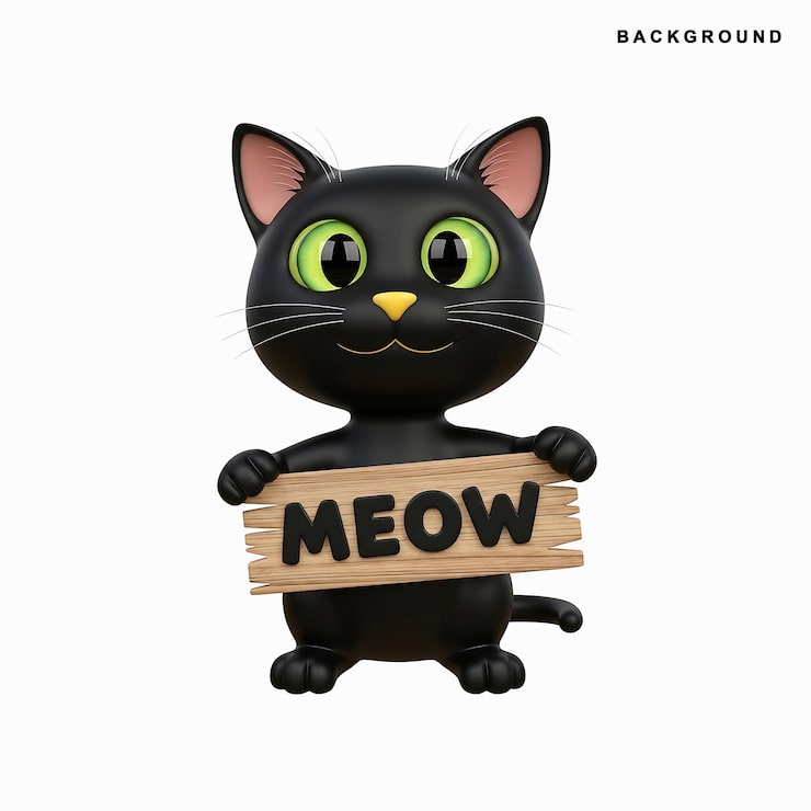 PSD mèo đen 3d dễ thương cầm tấm bảng "meow"