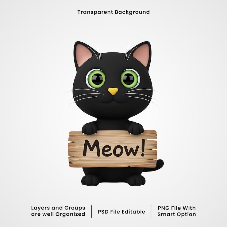 PSD mèo đen hoạt hình 3d cầm bảng gỗ chữ "meow"
