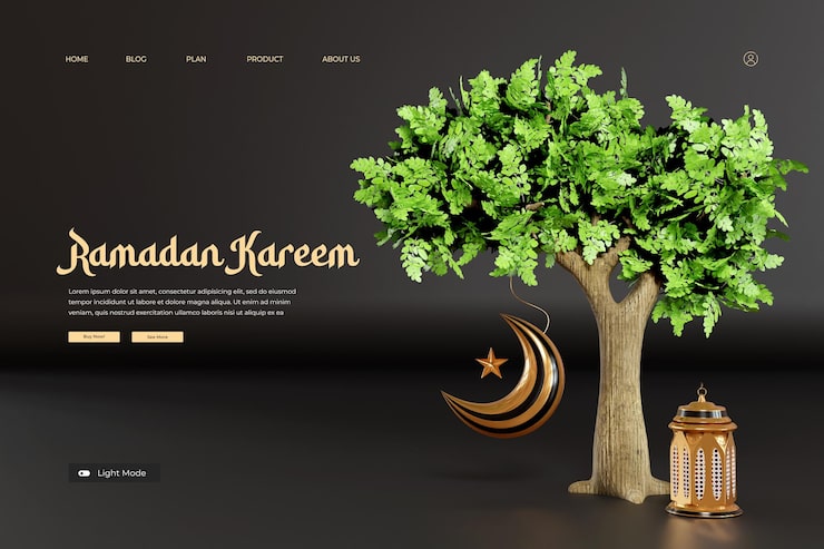 PSD một trang web cho ramadan kareem với một chiếc đèn lồng và một cái cây.