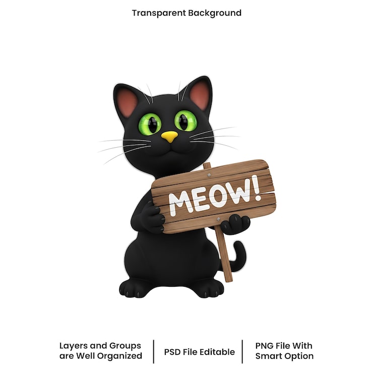 PSD nhân vật mèo đen hoạt hình 3d dễ thương cầm biển "meow"