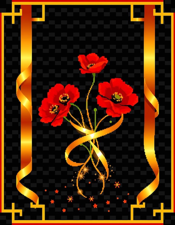 PSD pixel golden ribbon border frame bright red poppies intertwine with glow png chinese frame stylei (khung viền ruy băng vàng pixel hoa anh túc đỏ tươi quấn quanh với ánh sáng rực rỡ png phong cách khung trung quốc)